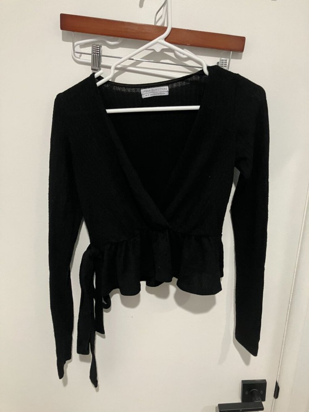 Urban Outfitters Black Long Sleeve Tie Front Wrap Peplum Top Blouse Size XS
